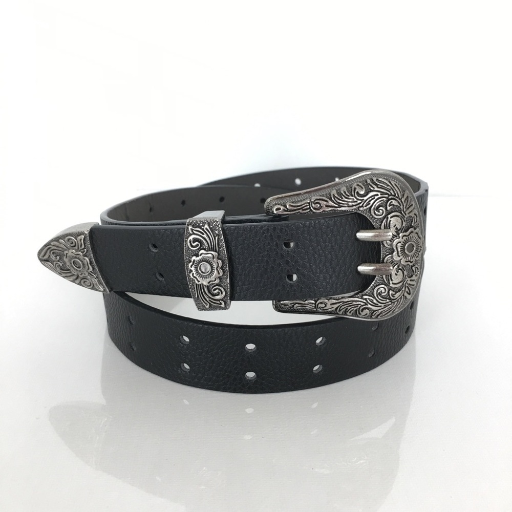 Women’s Black Vegan Leather Western Belt Antique Silver Floral Buckle Size M